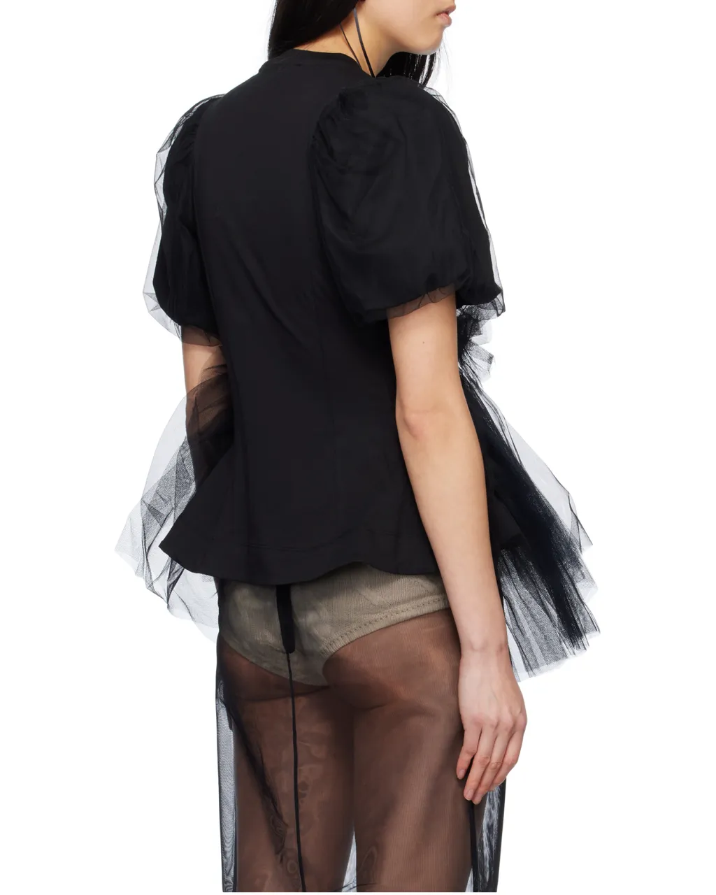Tulle Overlay Puff Sleeve T-Shirt