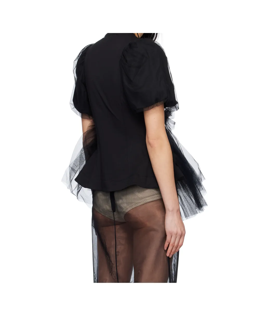 Tulle Overlay Puff Sleeve T-Shirt