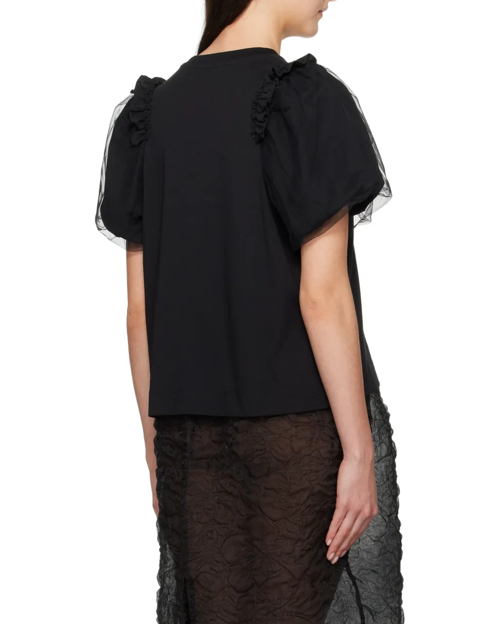 Tulle Overlay Puff Sleeve Frill T-Shirt