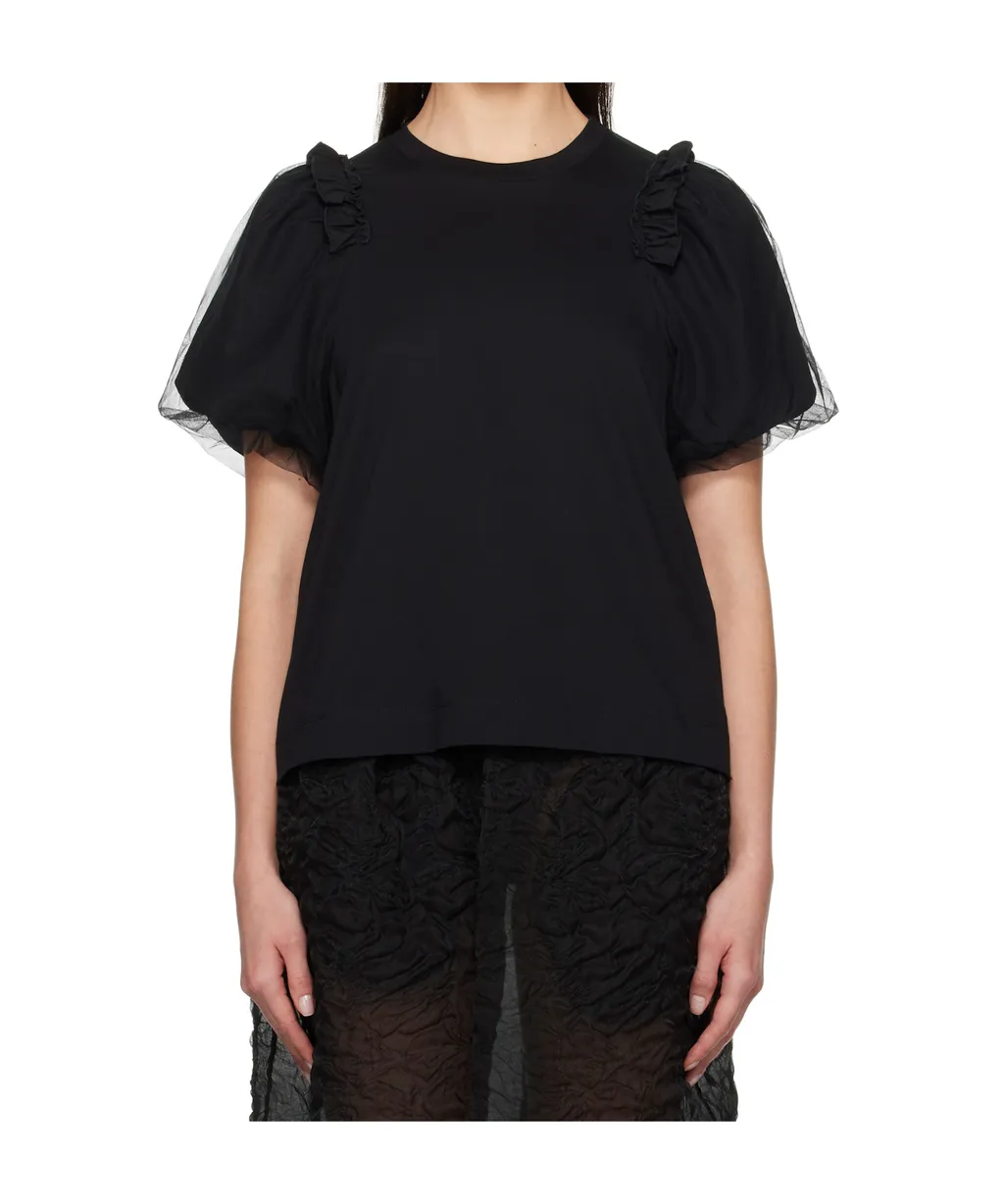 Tulle Overlay Puff Sleeve Frill T-Shirt
