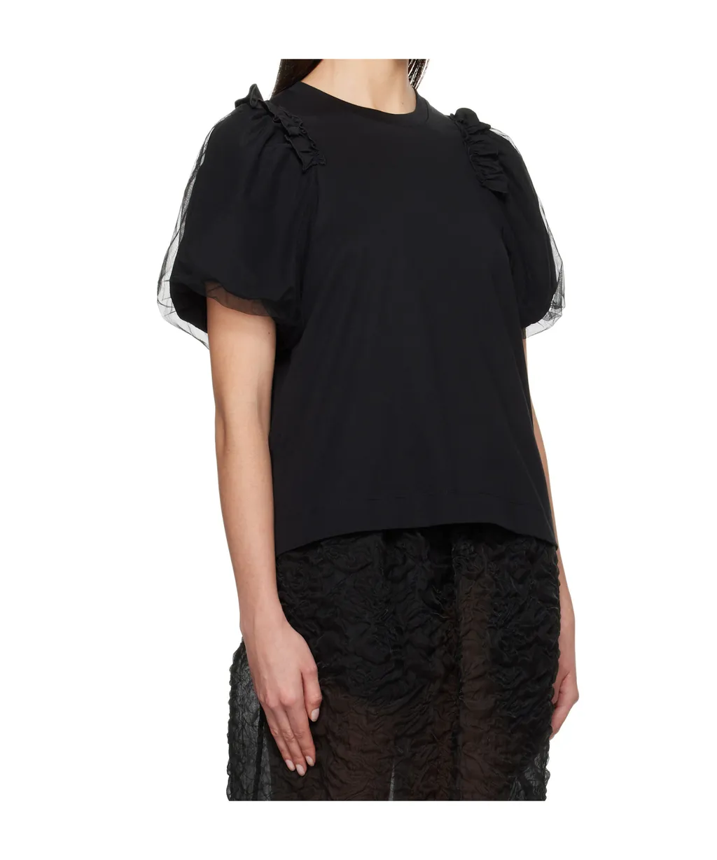 Tulle Overlay Puff Sleeve Frill T-Shirt