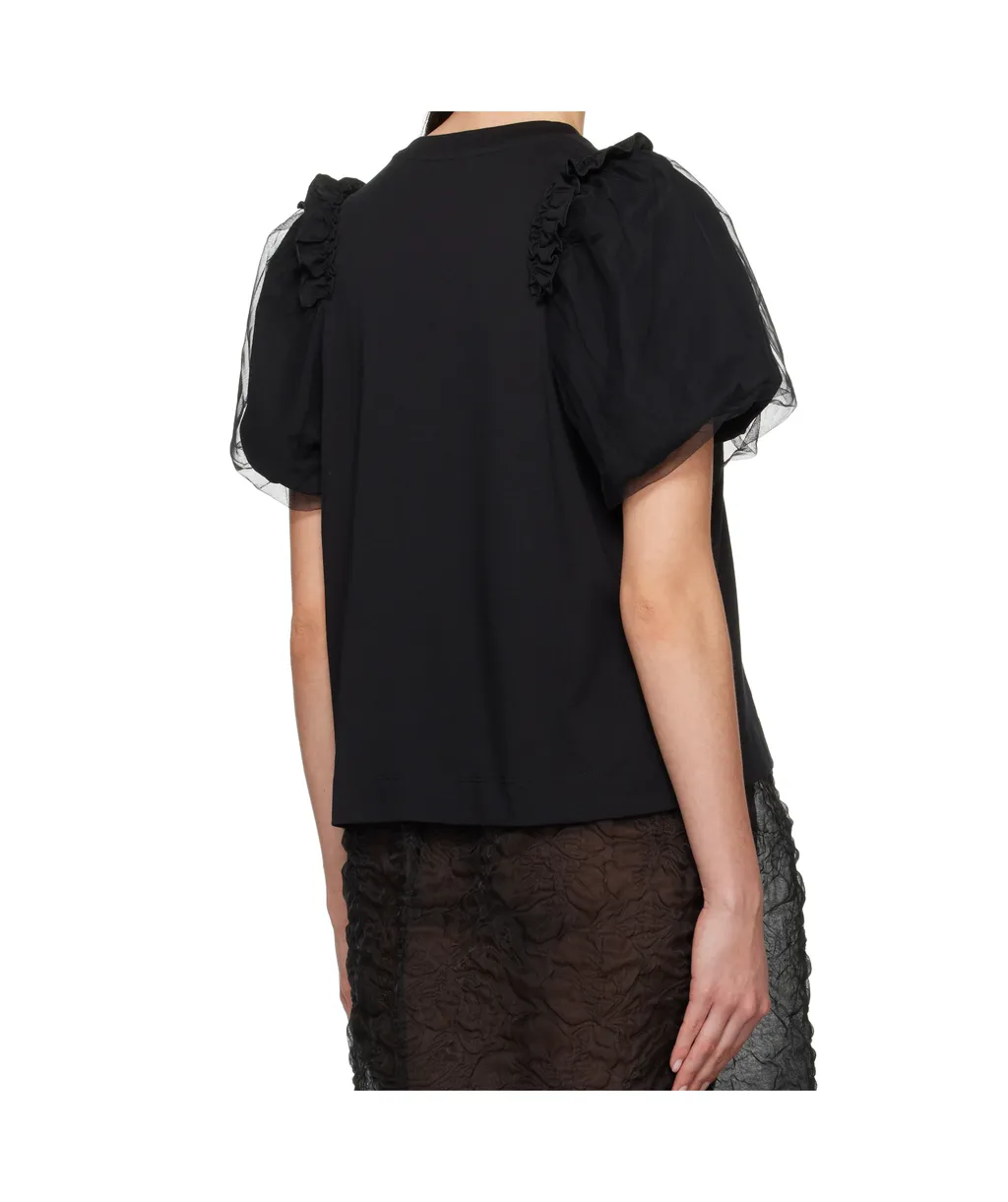 Tulle Overlay Puff Sleeve Frill T-Shirt