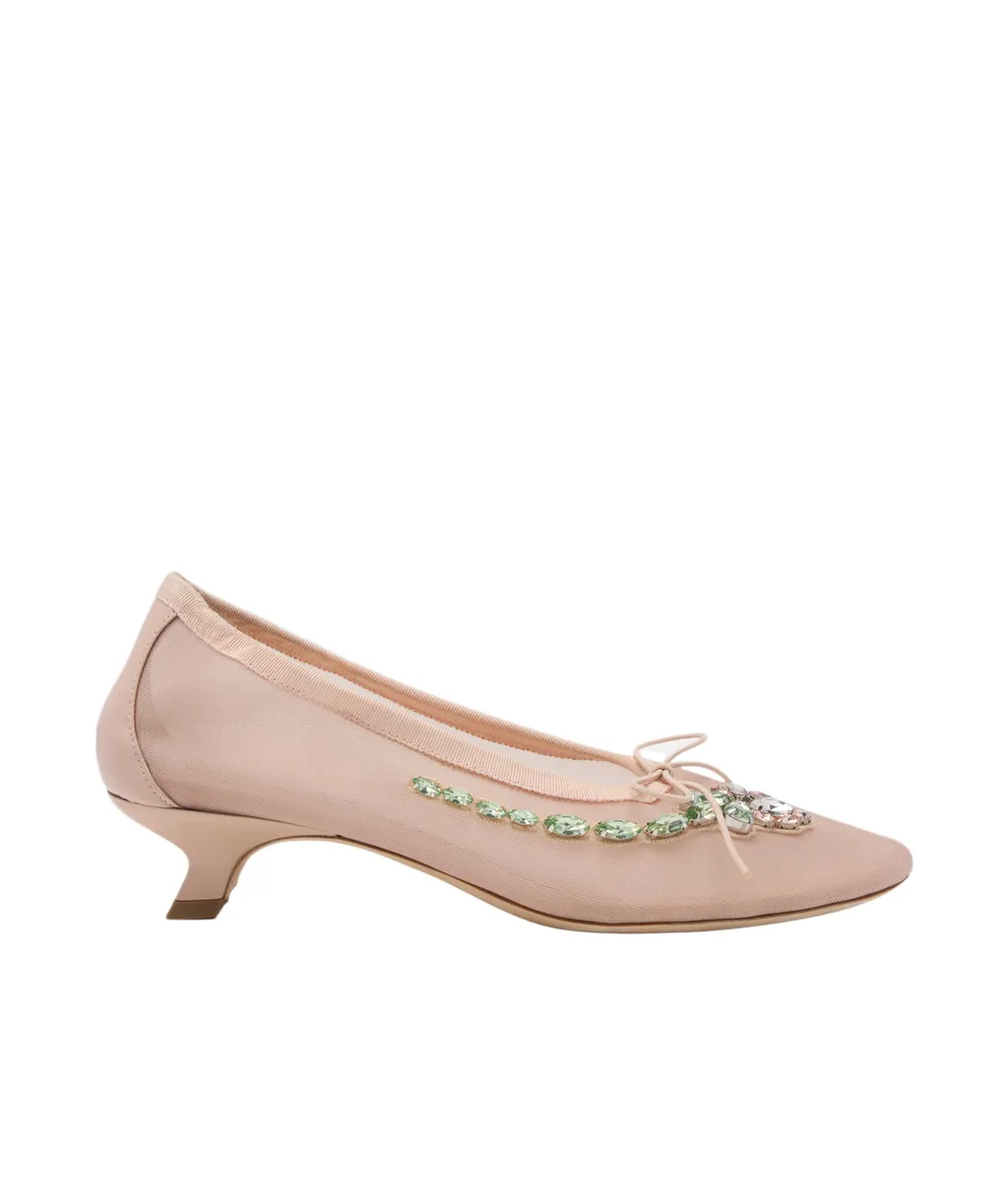 Mesh Embellished Ballerina Heel Pumps