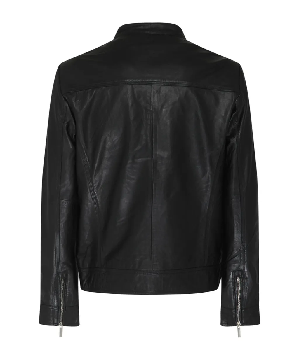 Zippered Long-Sleeved Leather Jacket