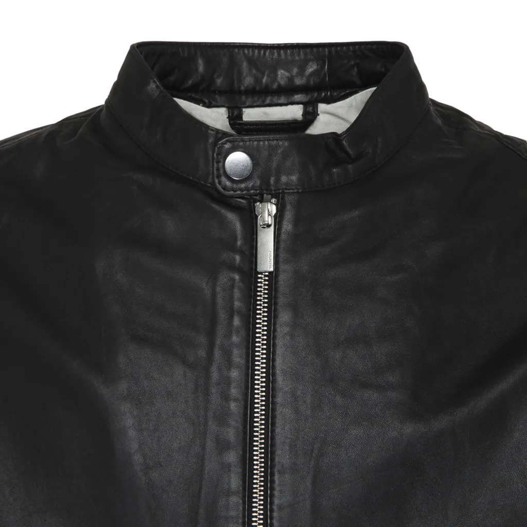 Zippered Long-Sleeved Leather Jacket