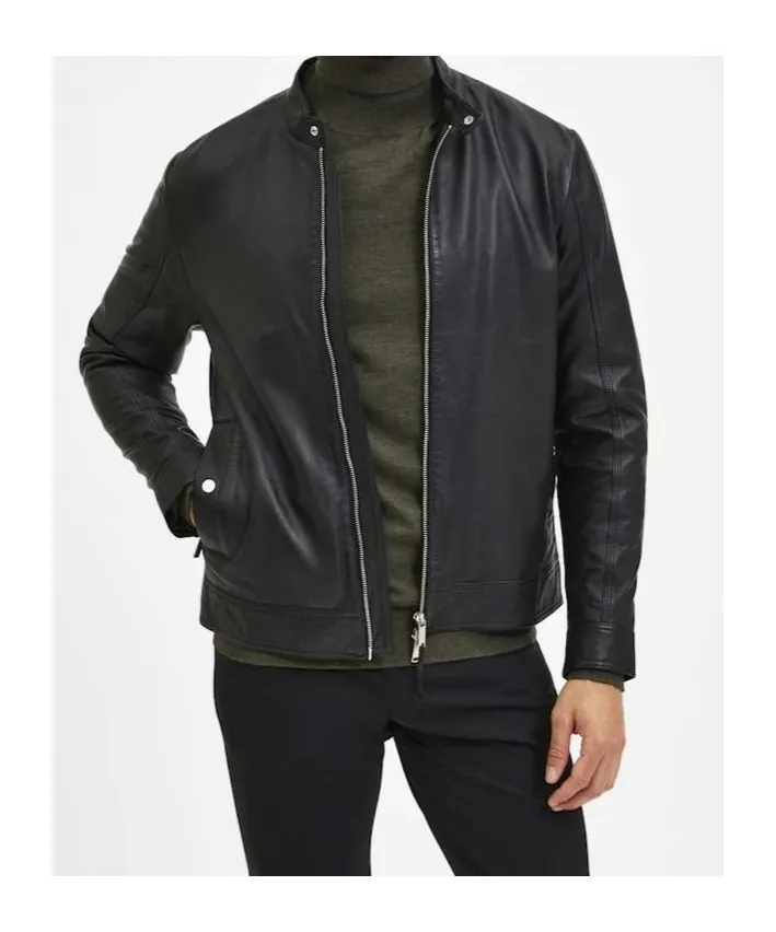 Zippered Long-Sleeved Leather Jacket