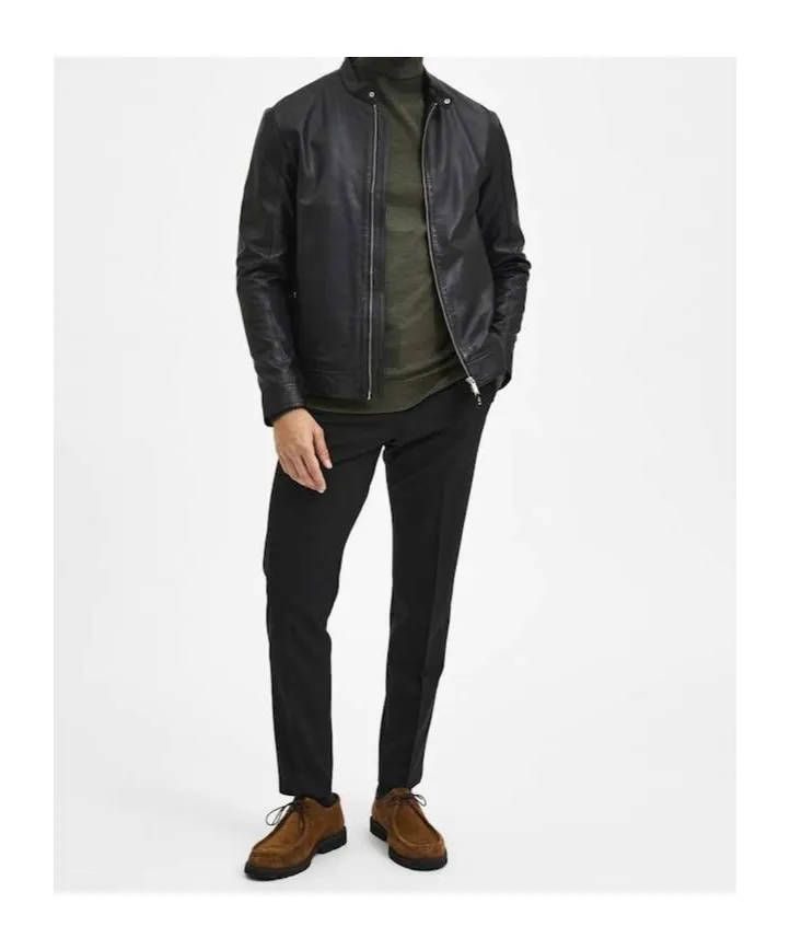 Zippered Long-Sleeved Leather Jacket