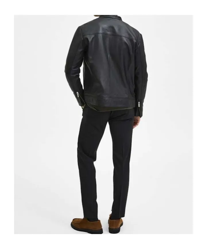 Zippered Long-Sleeved Leather Jacket