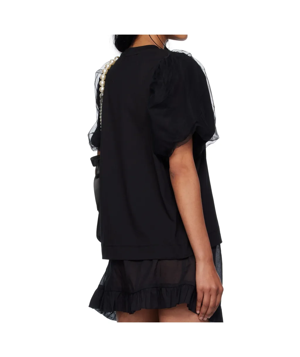 Tulle-Overlay Puff Sleeve T-Shirt