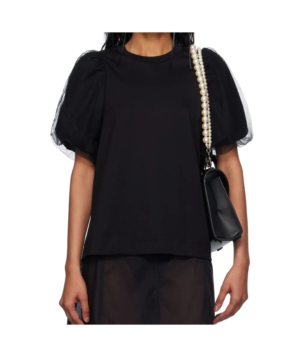 Tulle-Overlay Puff Sleeve T-Shirt
