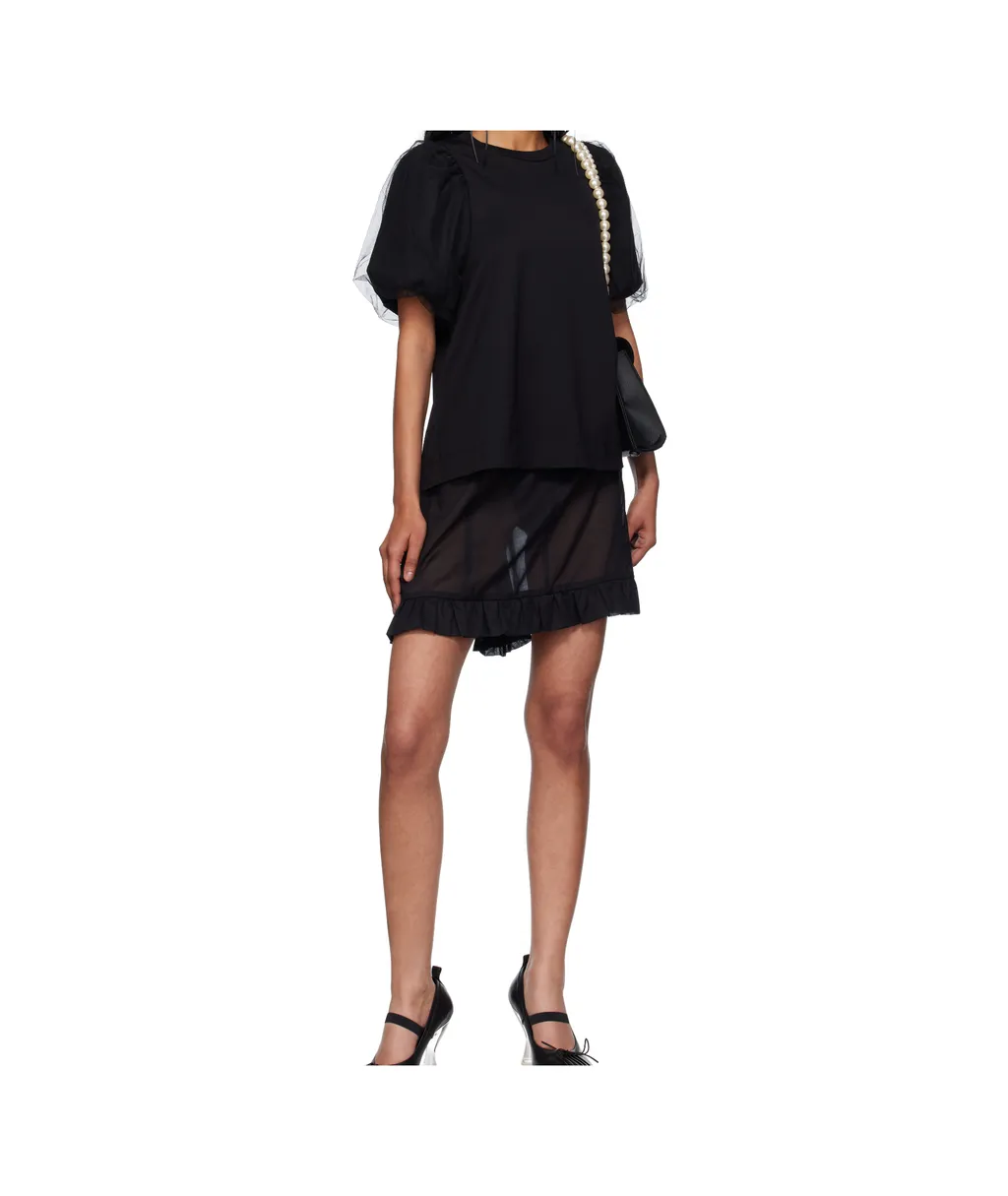 Tulle-Overlay Puff Sleeve T-Shirt
