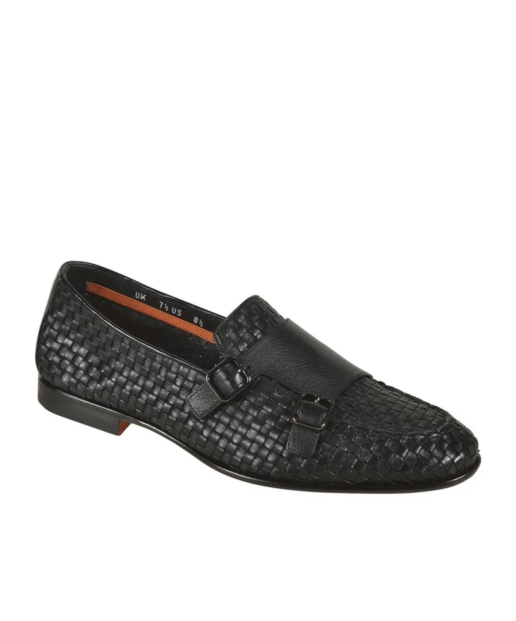 Woven Leather Double-Buckle Loafers