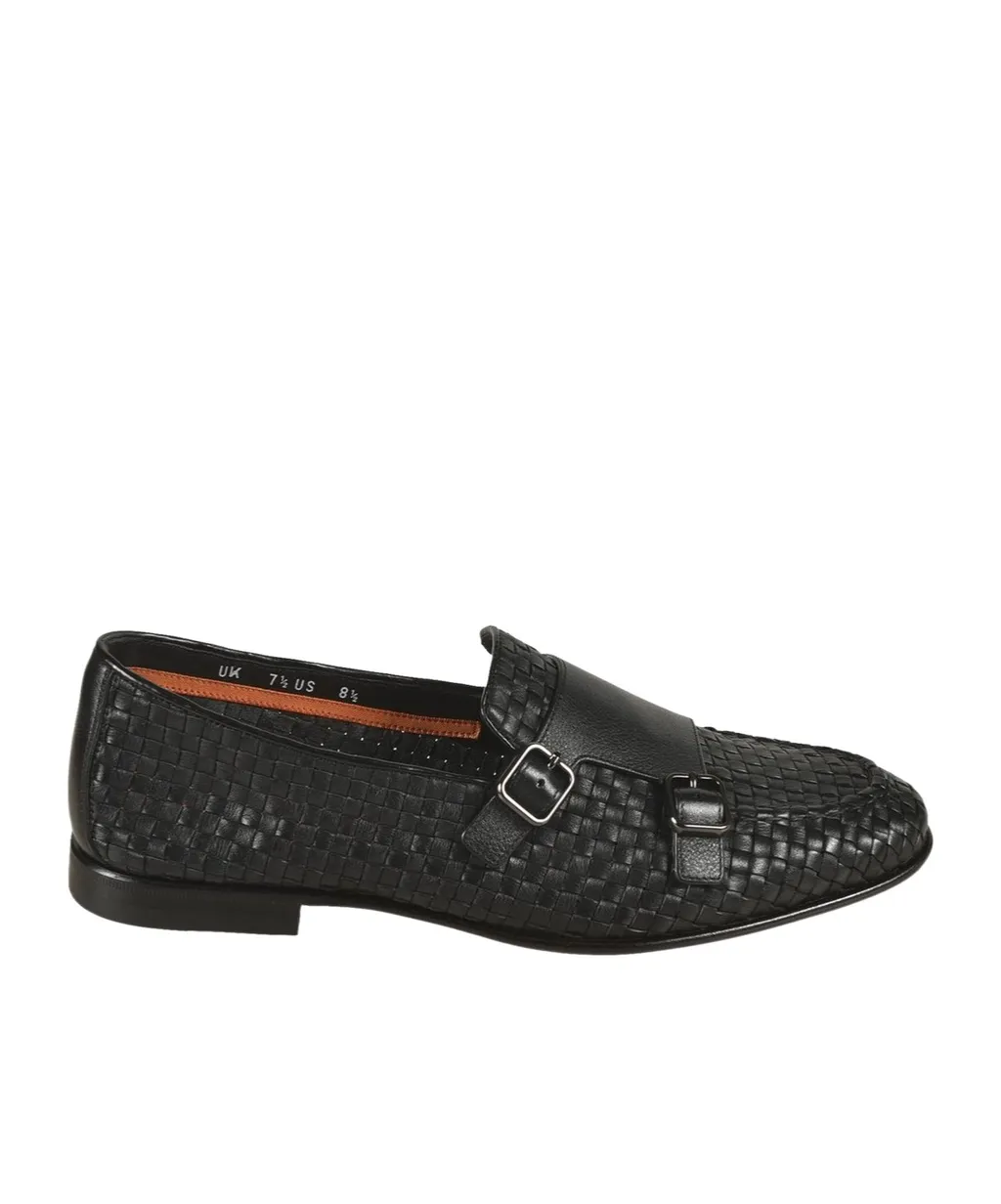 Woven Leather Double-Buckle Loafers