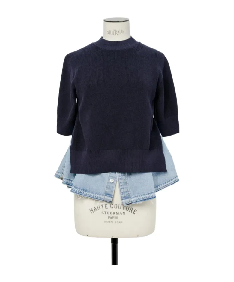 Denim-Panelled Knitted Sweater