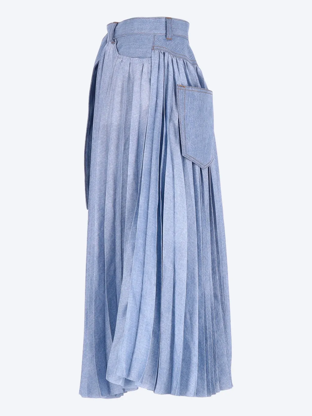 Pleated Belted Denim Midi Skirt