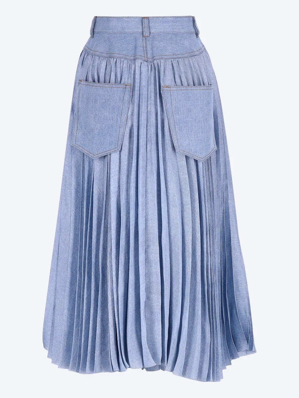 Pleated Belted Denim Midi Skirt