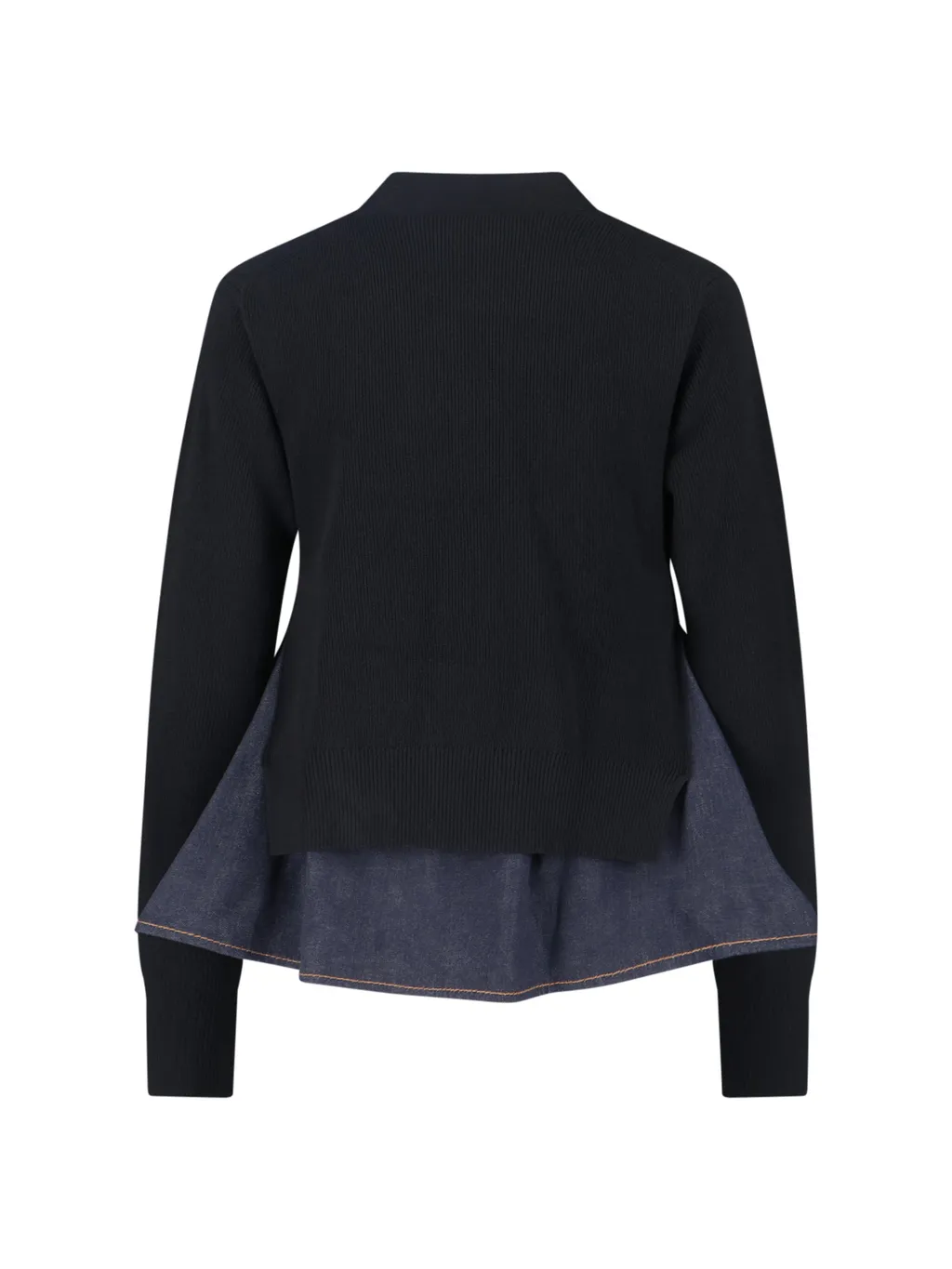 Denim-Panel Ribbed Cardigan