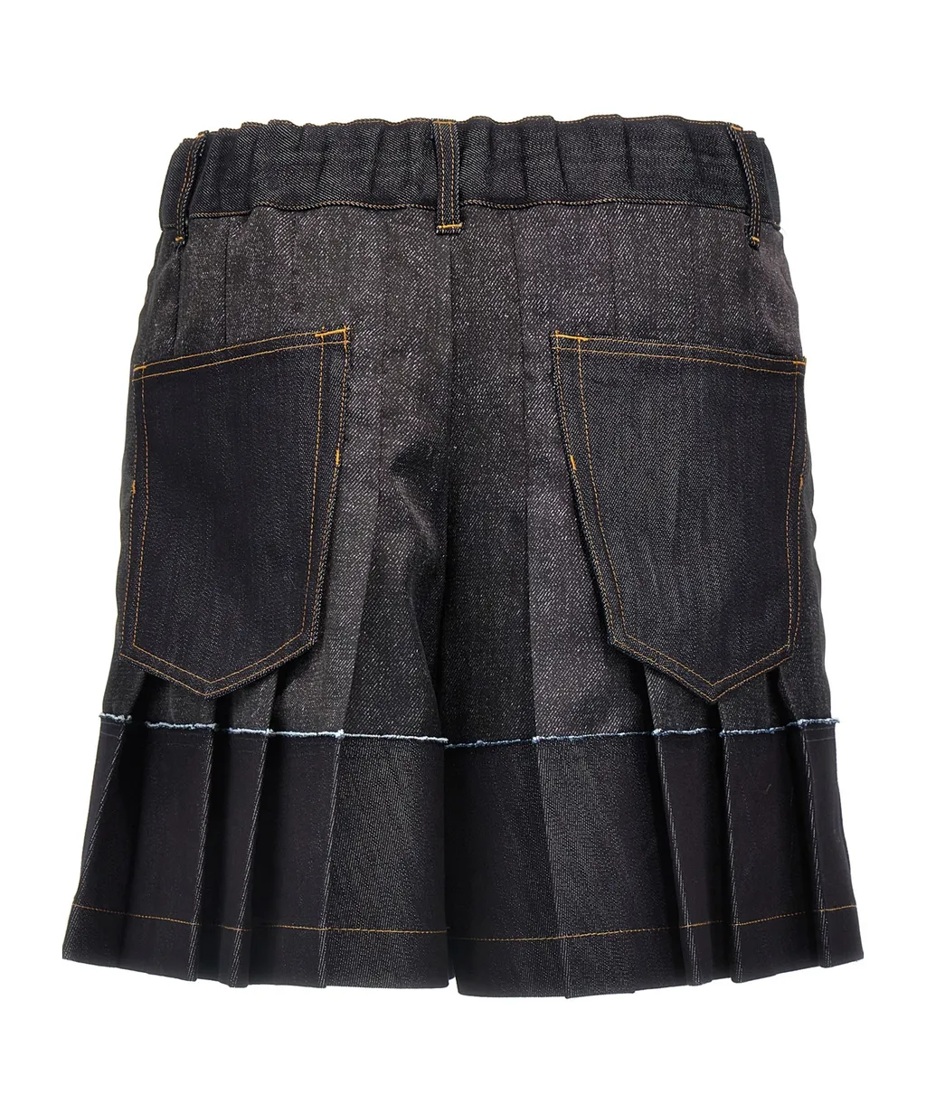 Pleated Denim Shorts
