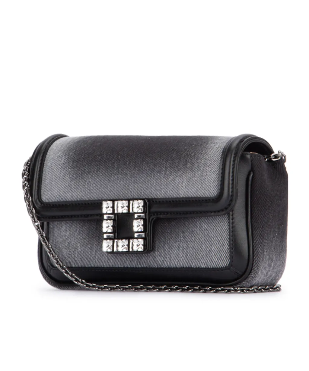 Embellished Foldover Top Denim Shoulder Bag