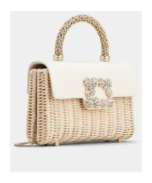 Wicker Jewel Mini Flower Strass Buckle Clutch Bag In Leather And Rattan