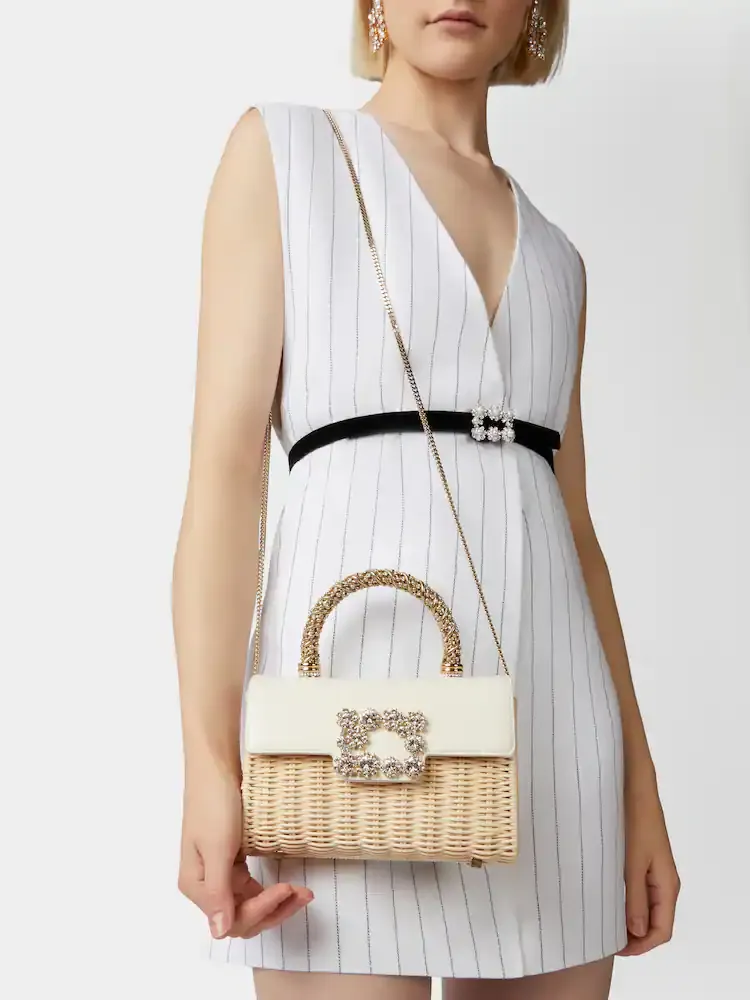Wicker Jewel Mini Flower Strass Buckle Clutch Bag In Leather And Rattan