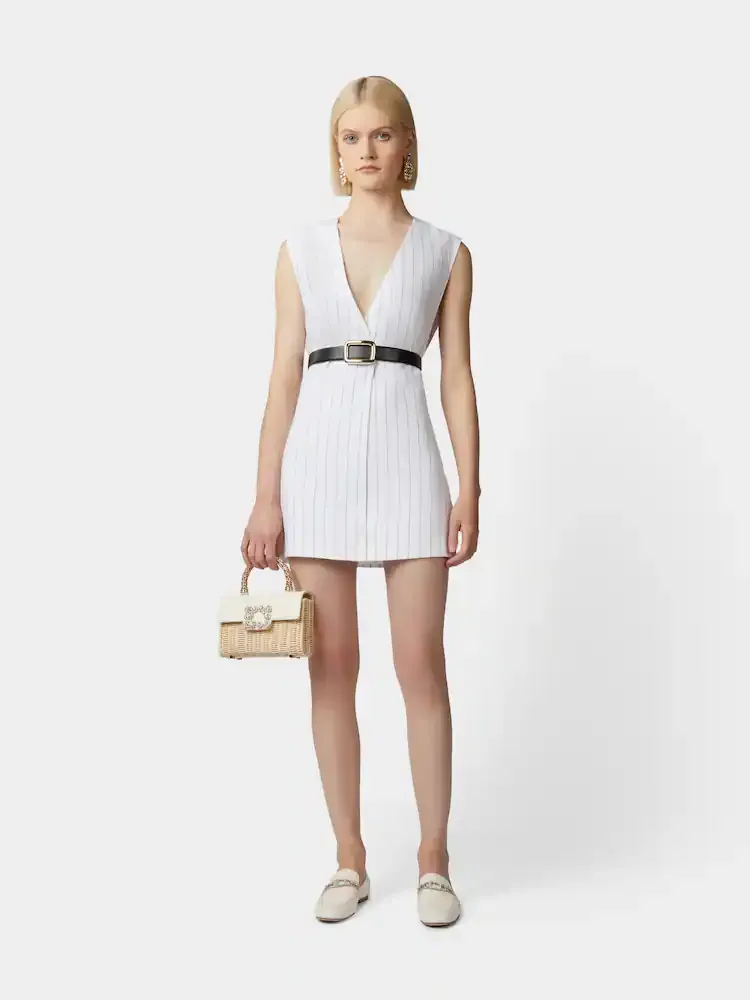 Wicker Jewel Mini Flower Strass Buckle Clutch Bag In Leather And Rattan