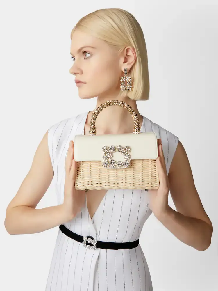 Wicker Jewel Mini Flower Strass Buckle Clutch Bag In Leather And Rattan