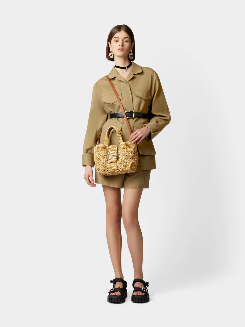 Logo Engraved Woven Shoulder Bag