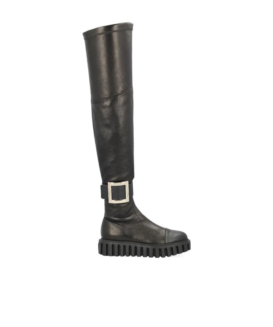 Viv' Go-Thick Metal Buckle Stretch Cuissard Boots In Soft Leather