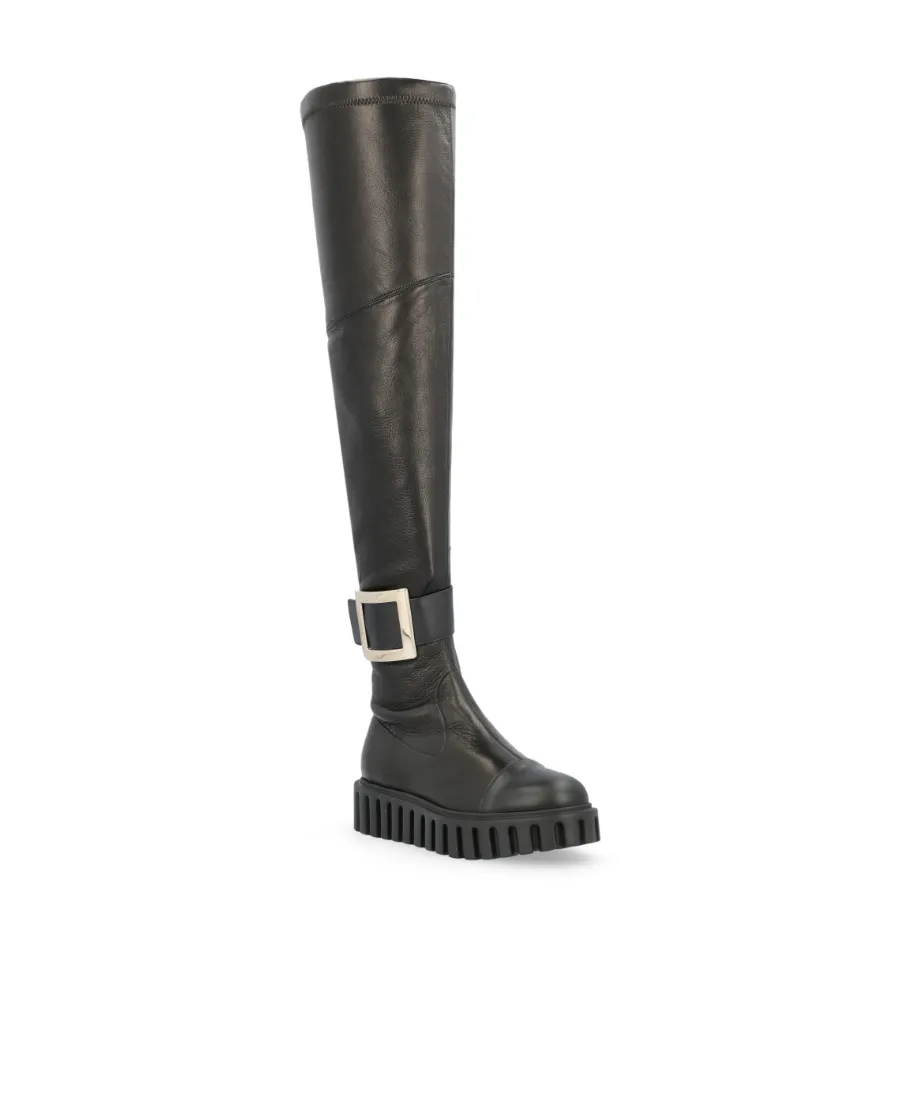 Viv' Go-Thick Metal Buckle Stretch Cuissard Boots In Soft Leather
