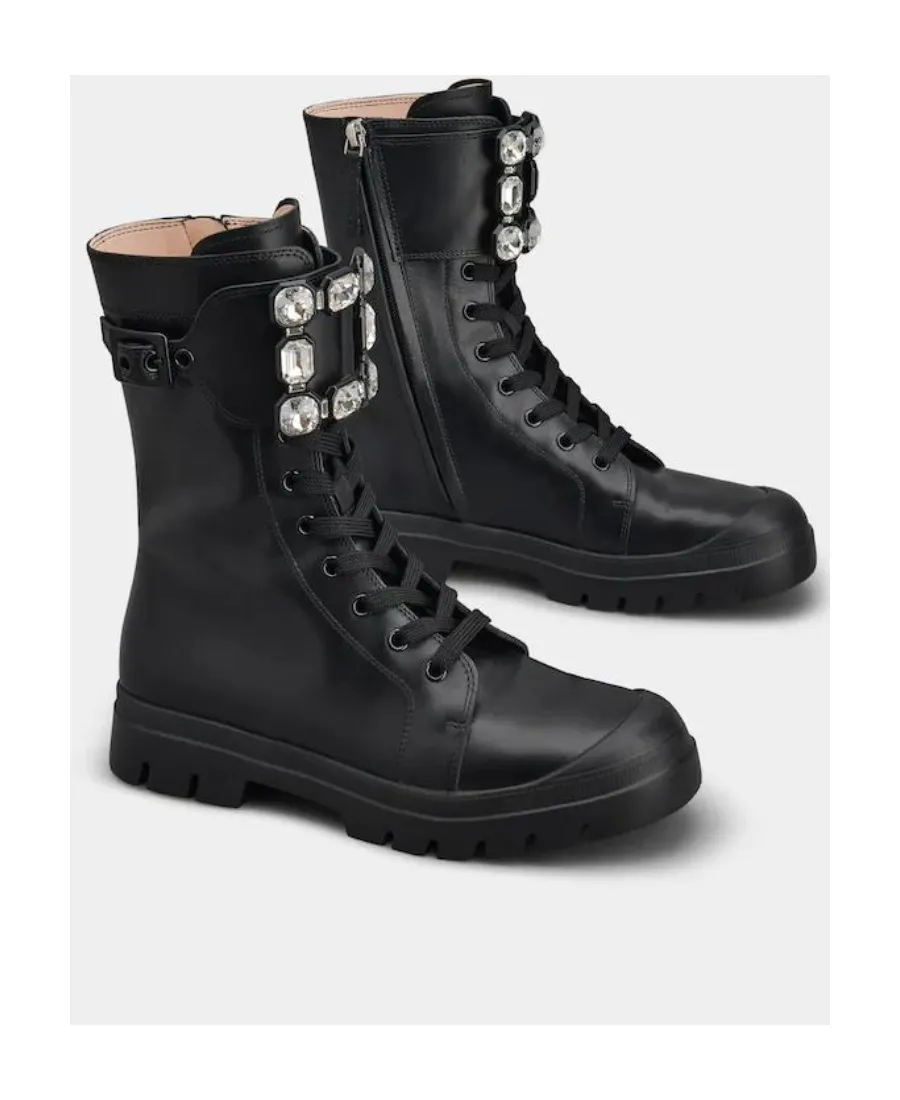 Walky Viv' Strass Buckle Lace Up Boots In Leather