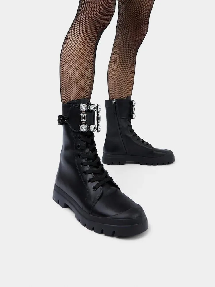Walky Viv' Strass Buckle Lace Up Boots In Leather