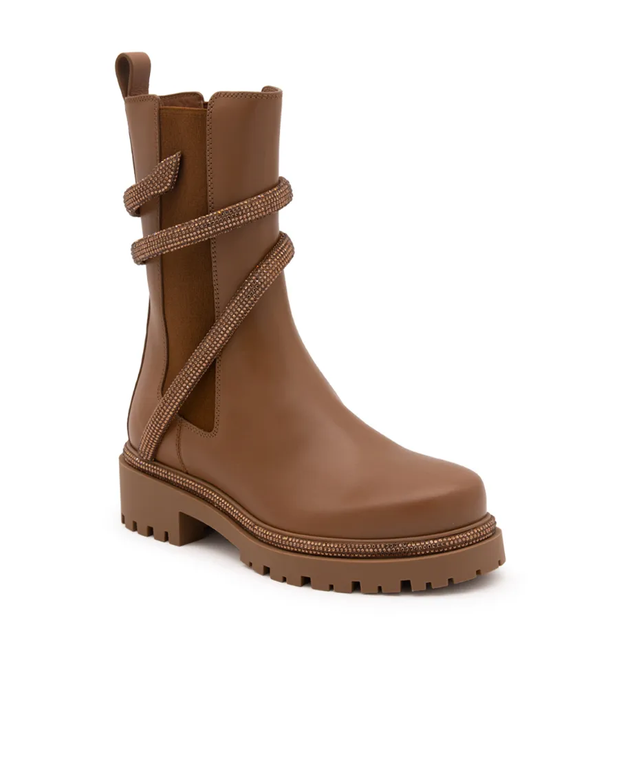 Snake-Embellished Round-Toe Ankle Boots