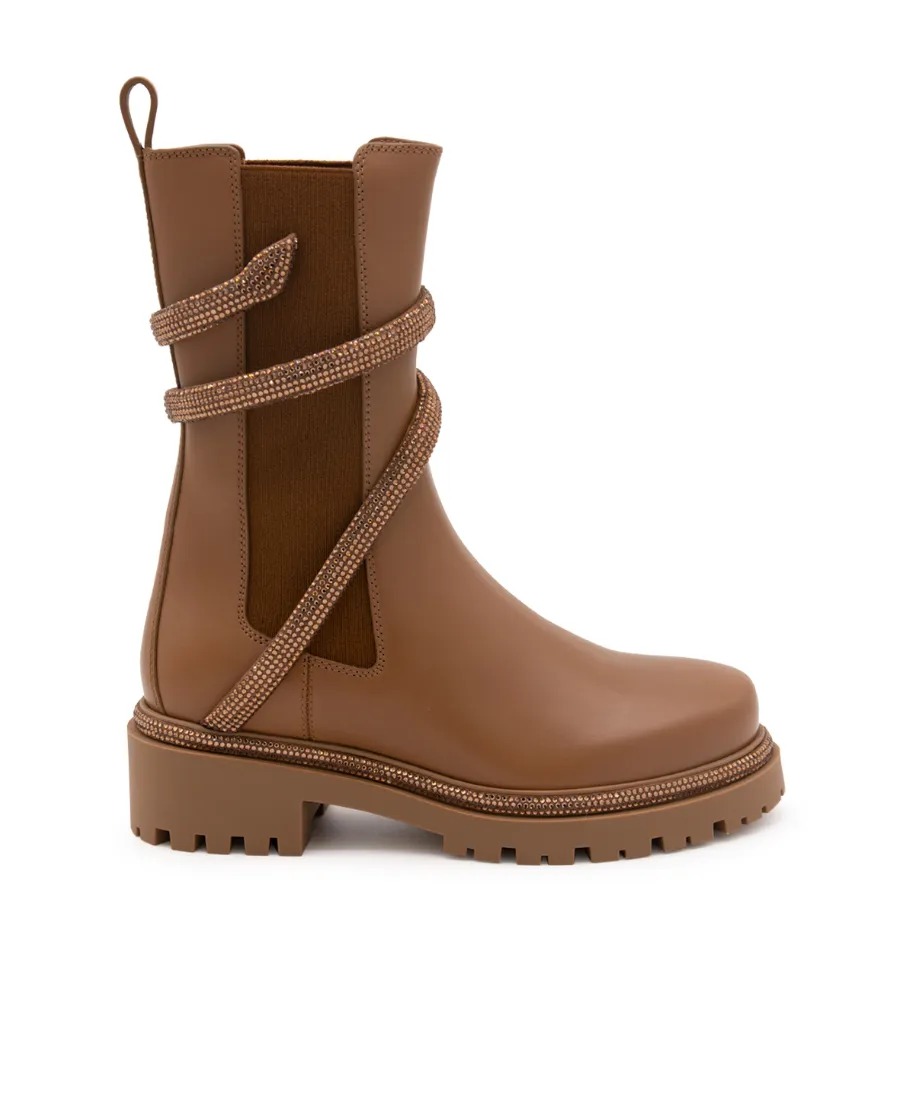 Snake-Embellished Round-Toe Ankle Boots