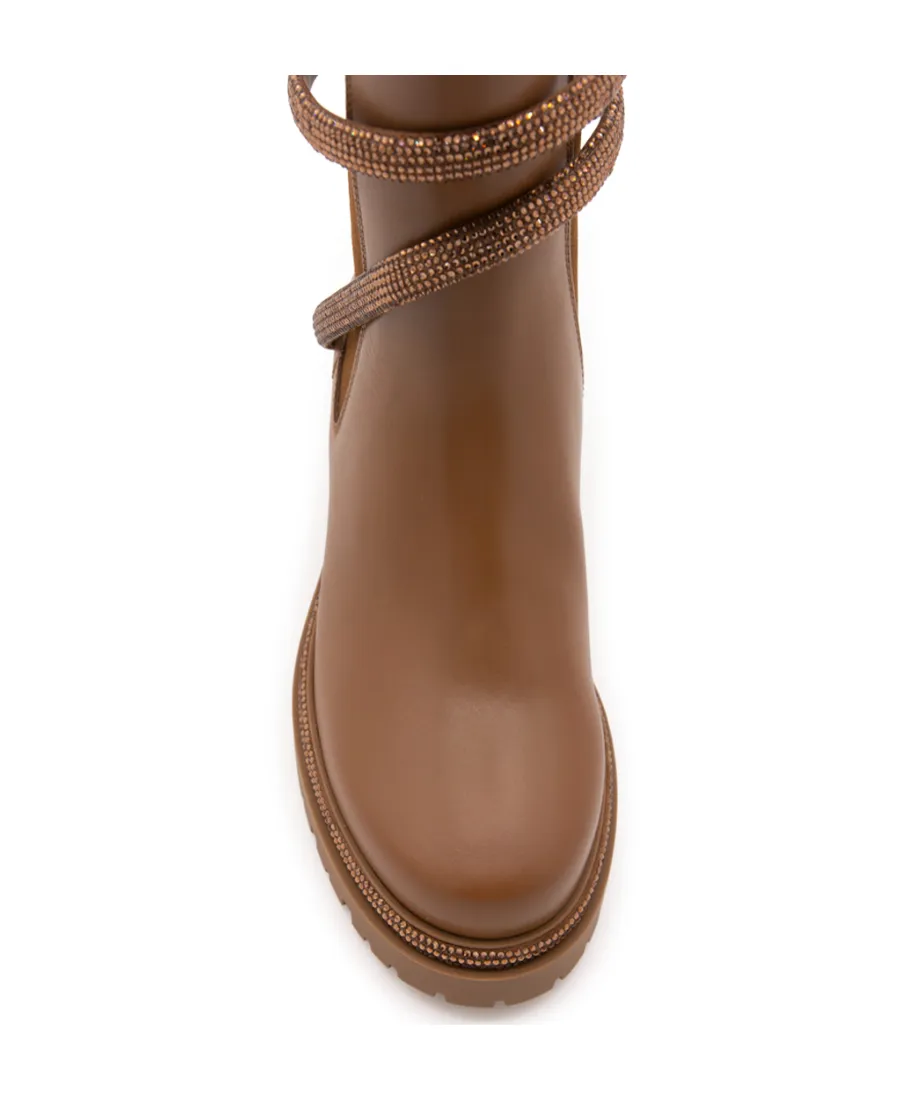 Snake-Embellished Round-Toe Ankle Boots