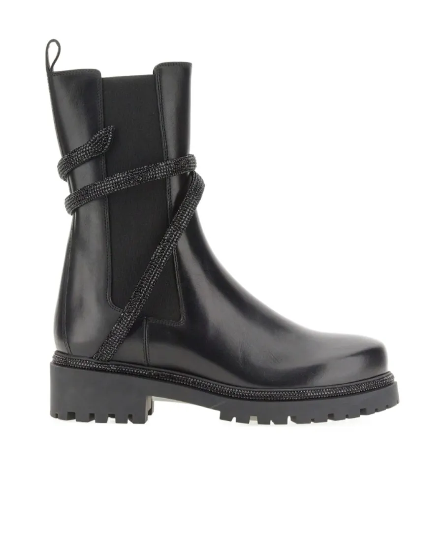 Snake-Embellished Round-Toe Ankle Boots