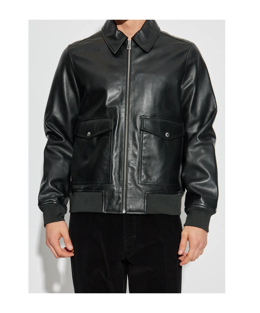 Flap-Pocket Zip-Front Leather Jacket