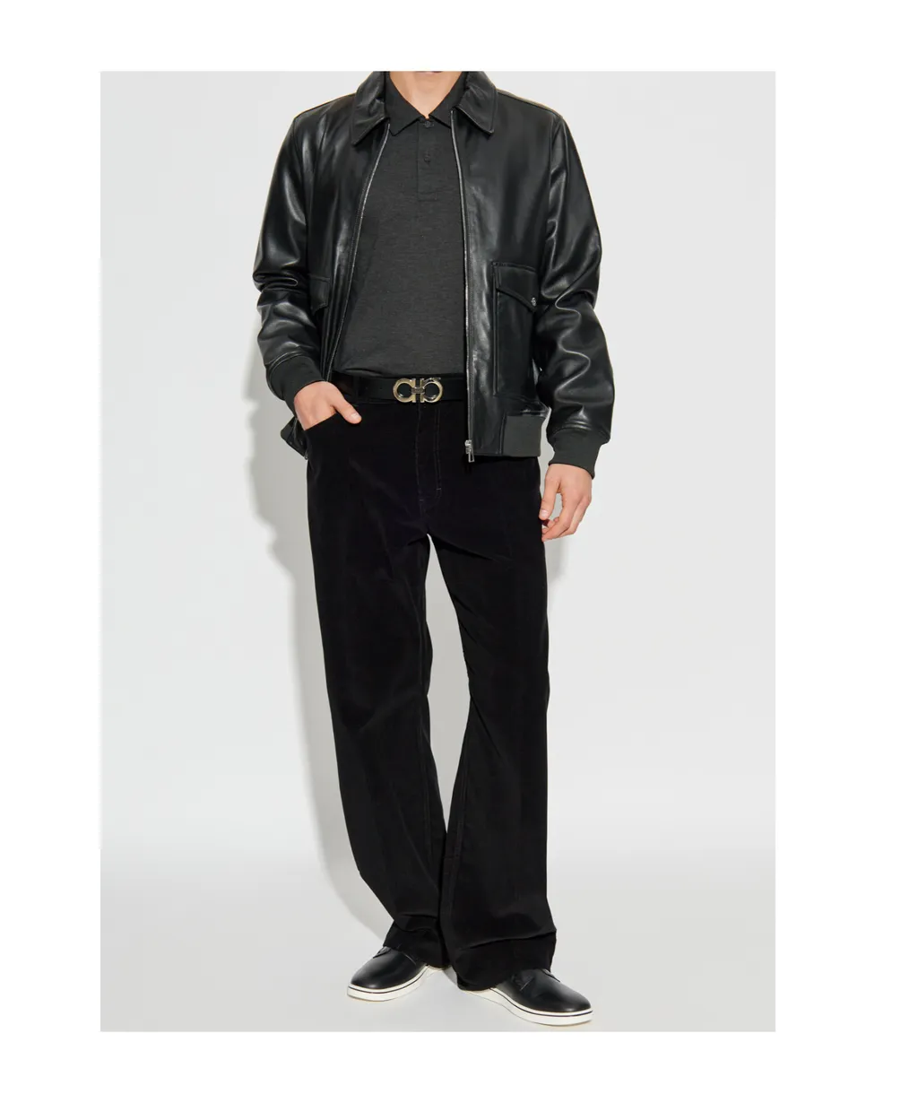 Flap-Pocket Zip-Front Leather Jacket