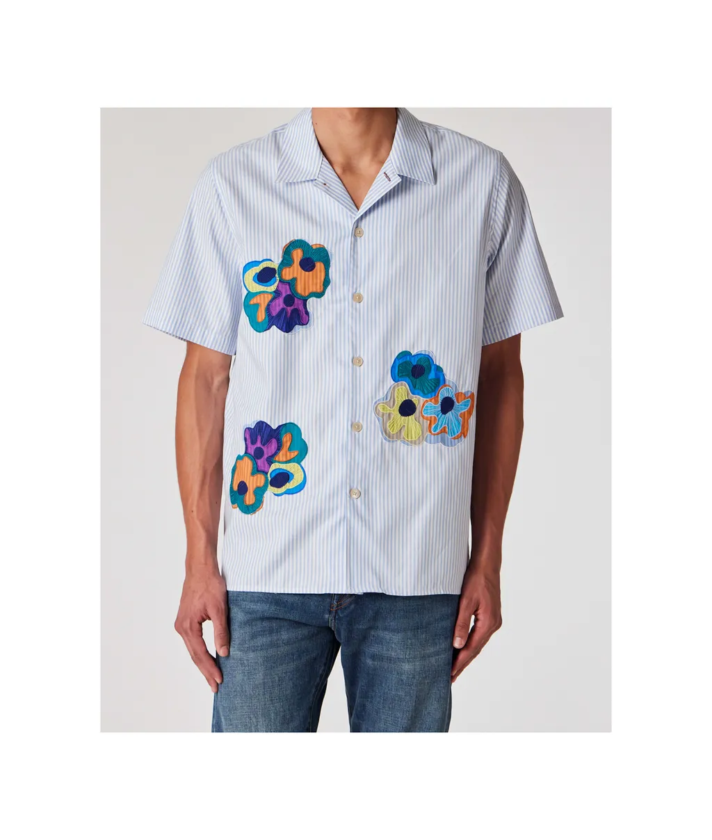 Floral-Embroidered Striped Shirt