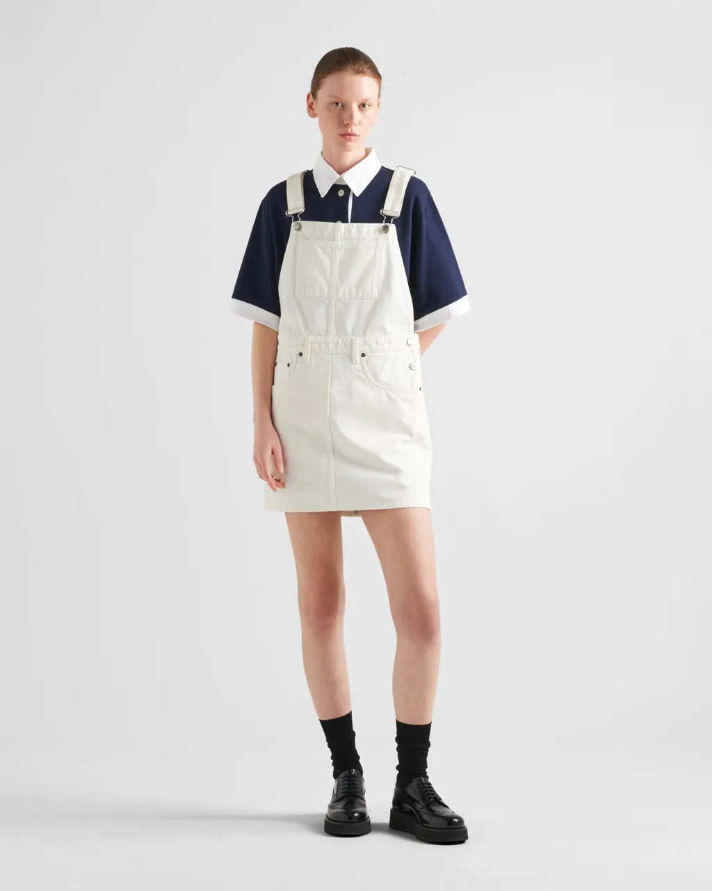 Triangle-Logo Denim Overall Mini-Dress