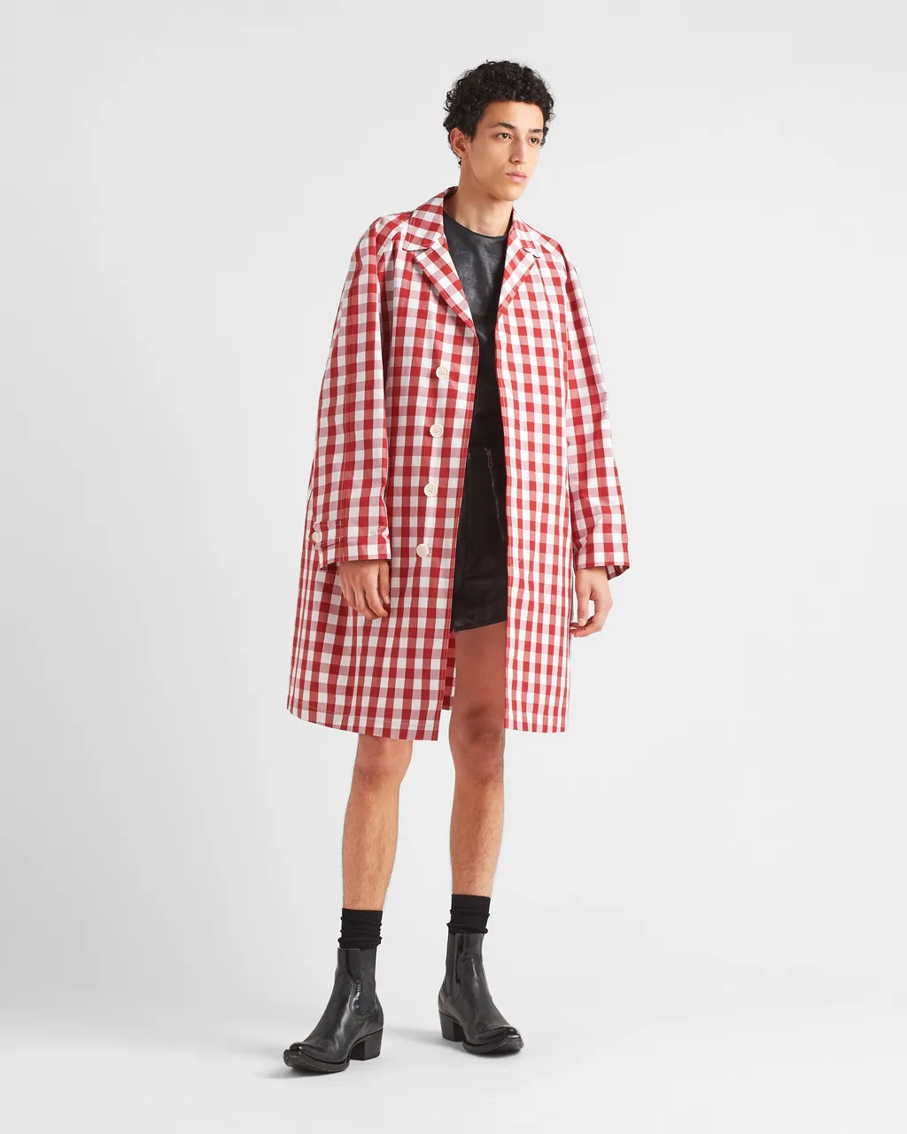 Check-Printed Belted Coat