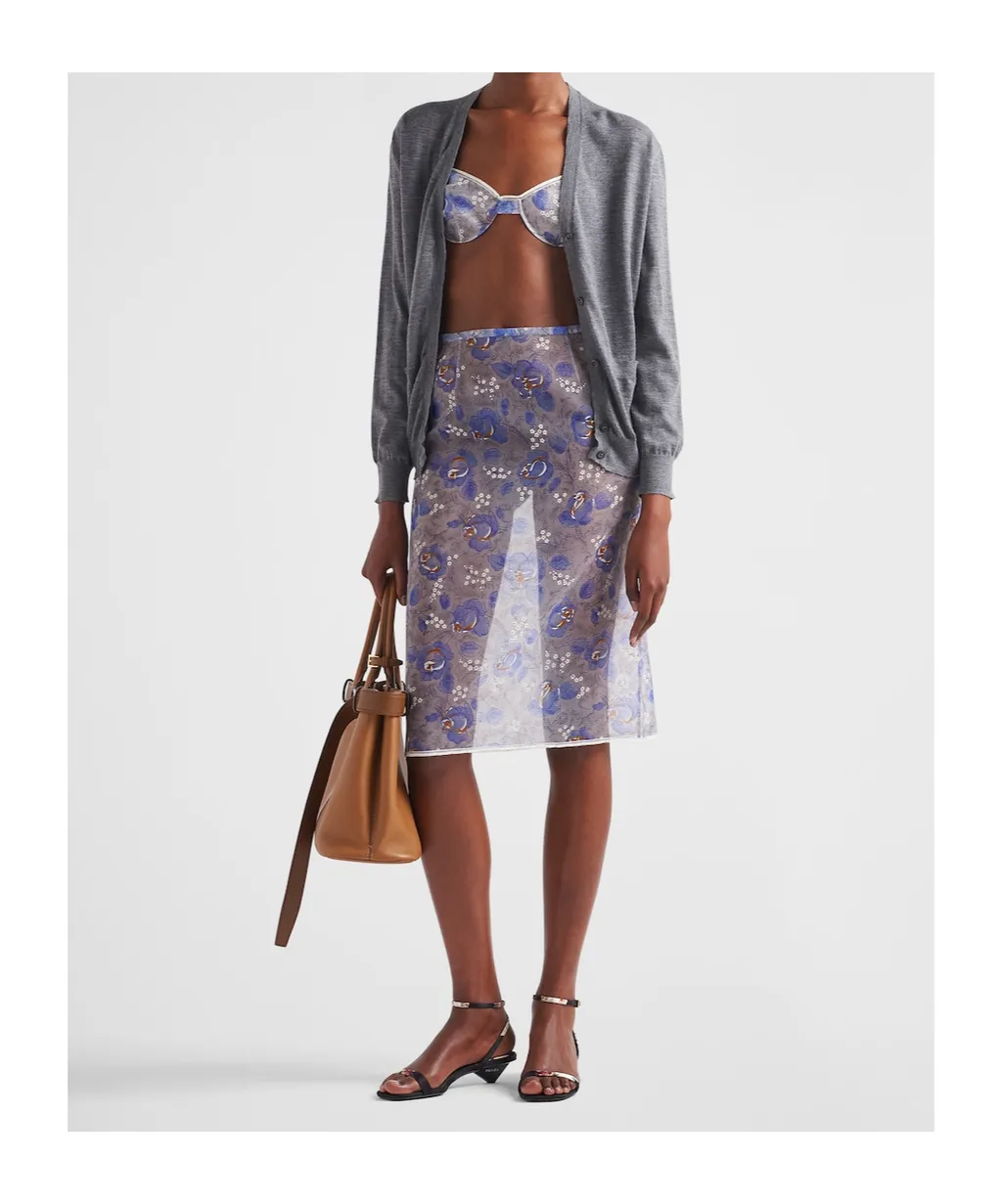 High-Waist Floral-Printed Sheer Pencil Skirt