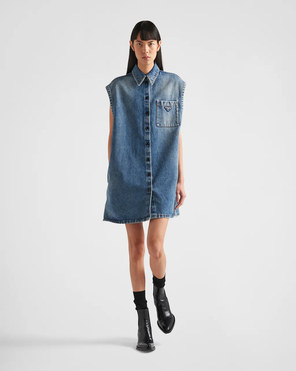 Logo Plaque Sleeveless Denim Shirt