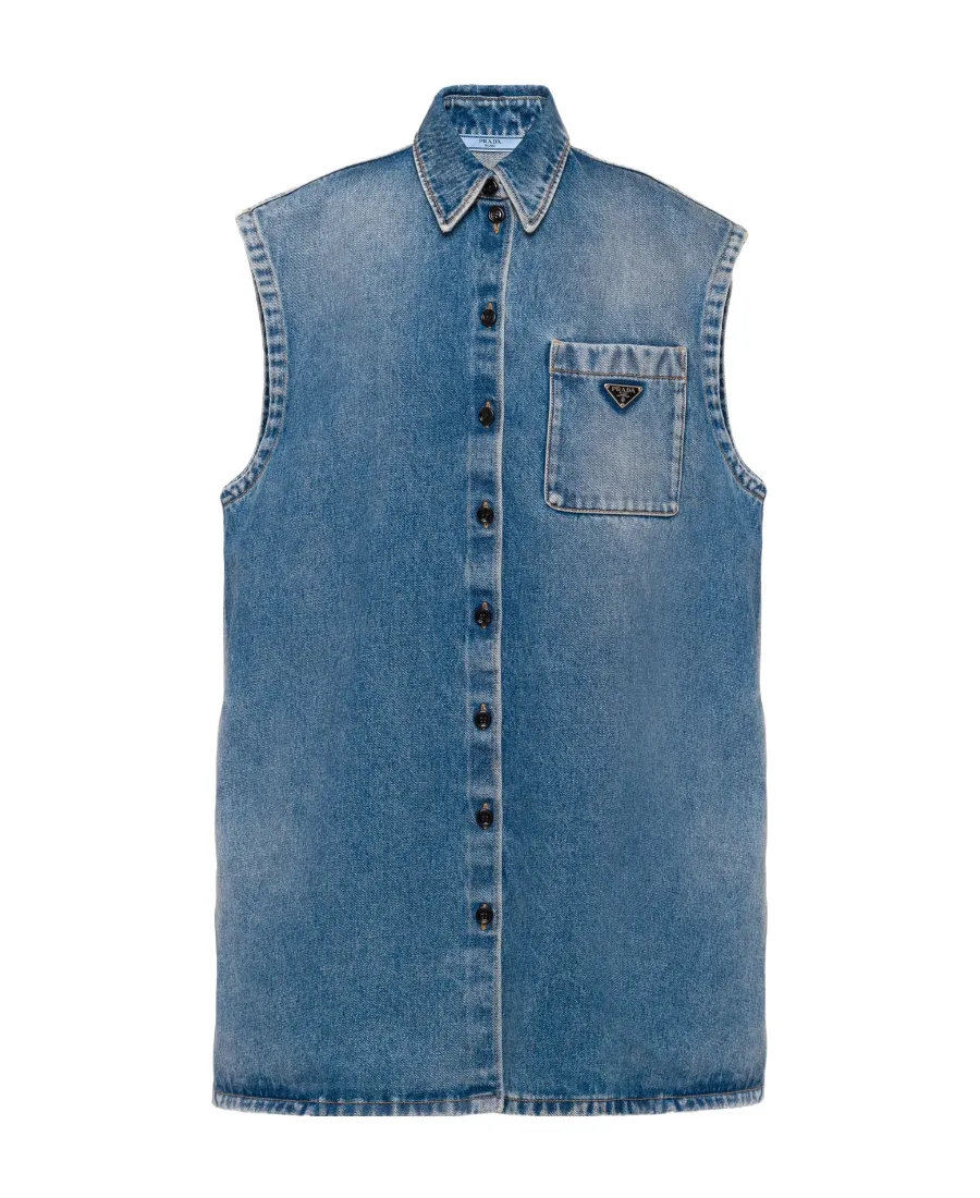 Logo Plaque Sleeveless Denim Shirt