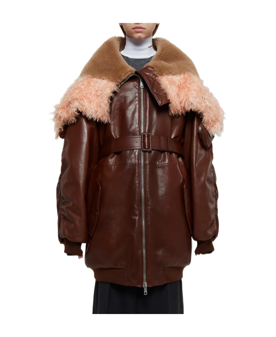 Leather Bomber Jacket With Shearling Collar
