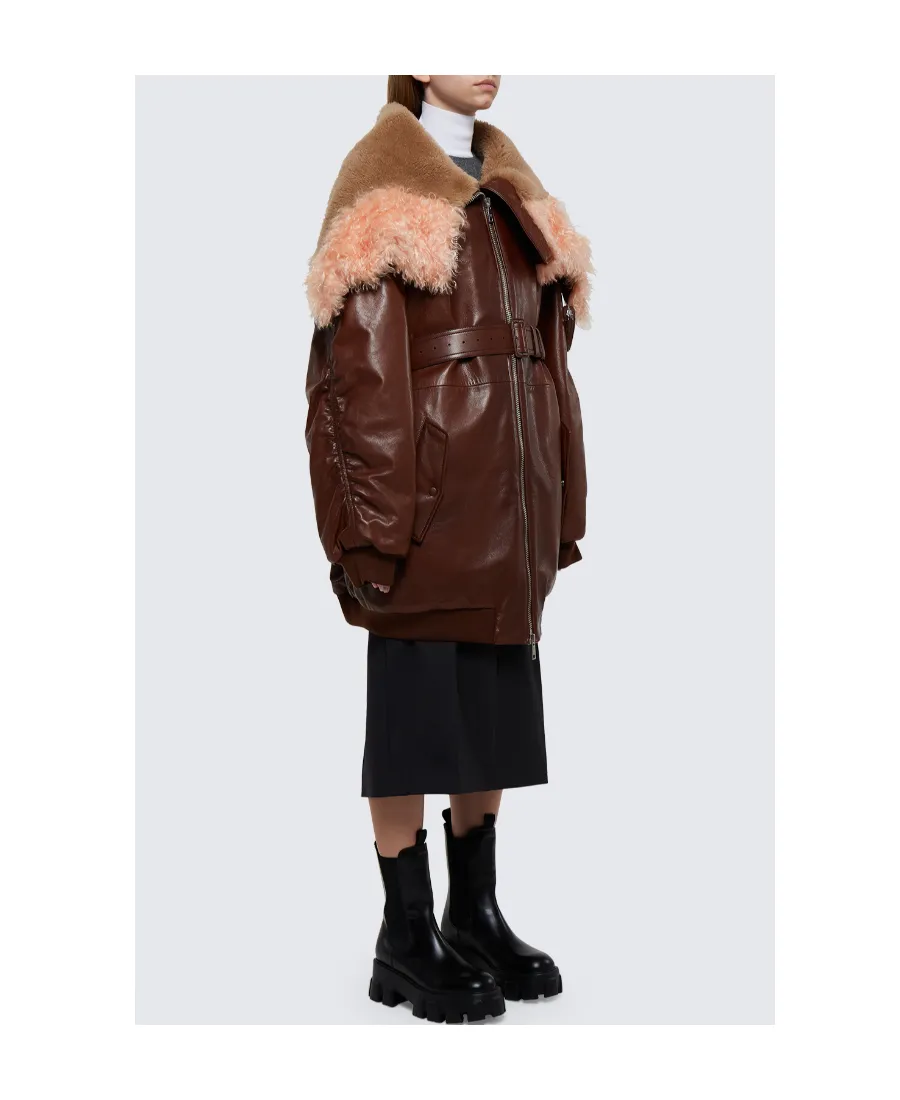 Leather Bomber Jacket With Shearling Collar