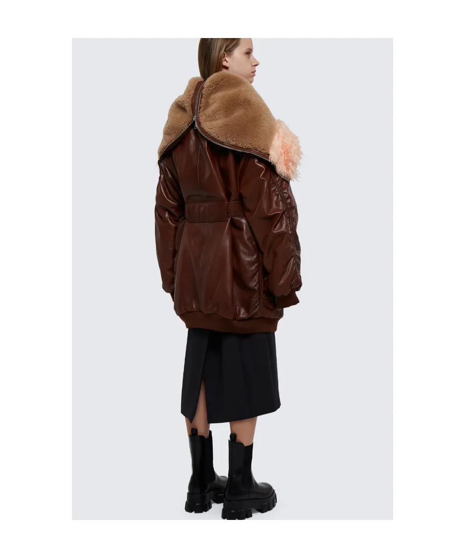 Leather Bomber Jacket With Shearling Collar