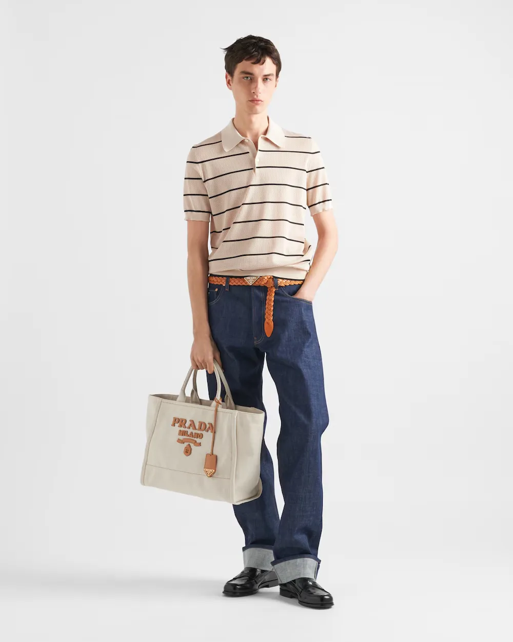 Short-Sleeved Striped Open-Knit Polo Shirt