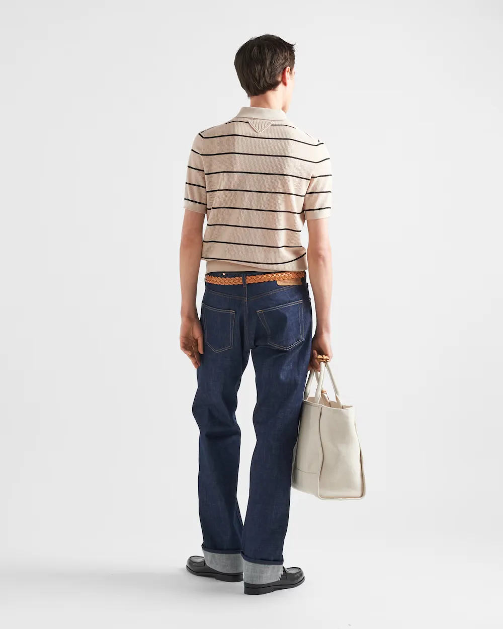 Short-Sleeved Striped Open-Knit Polo Shirt