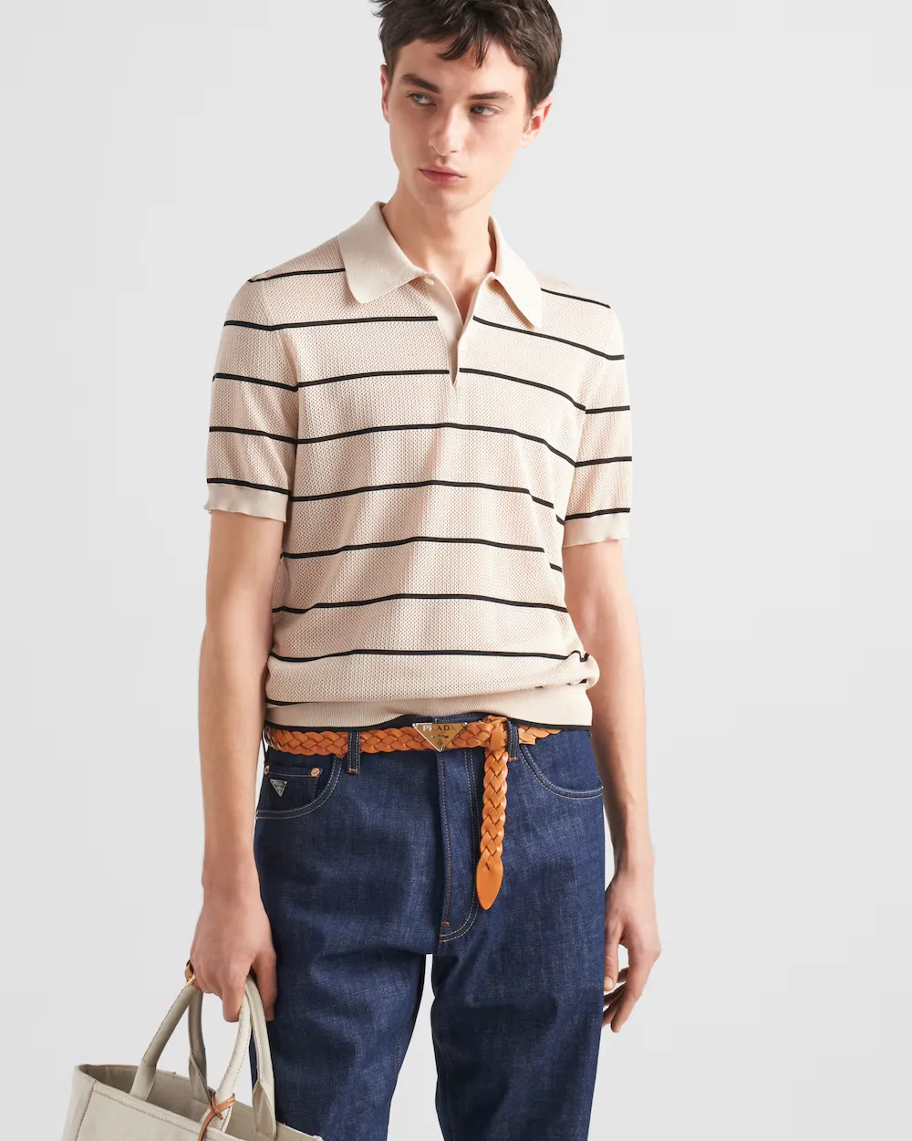 Short-Sleeved Striped Open-Knit Polo Shirt
